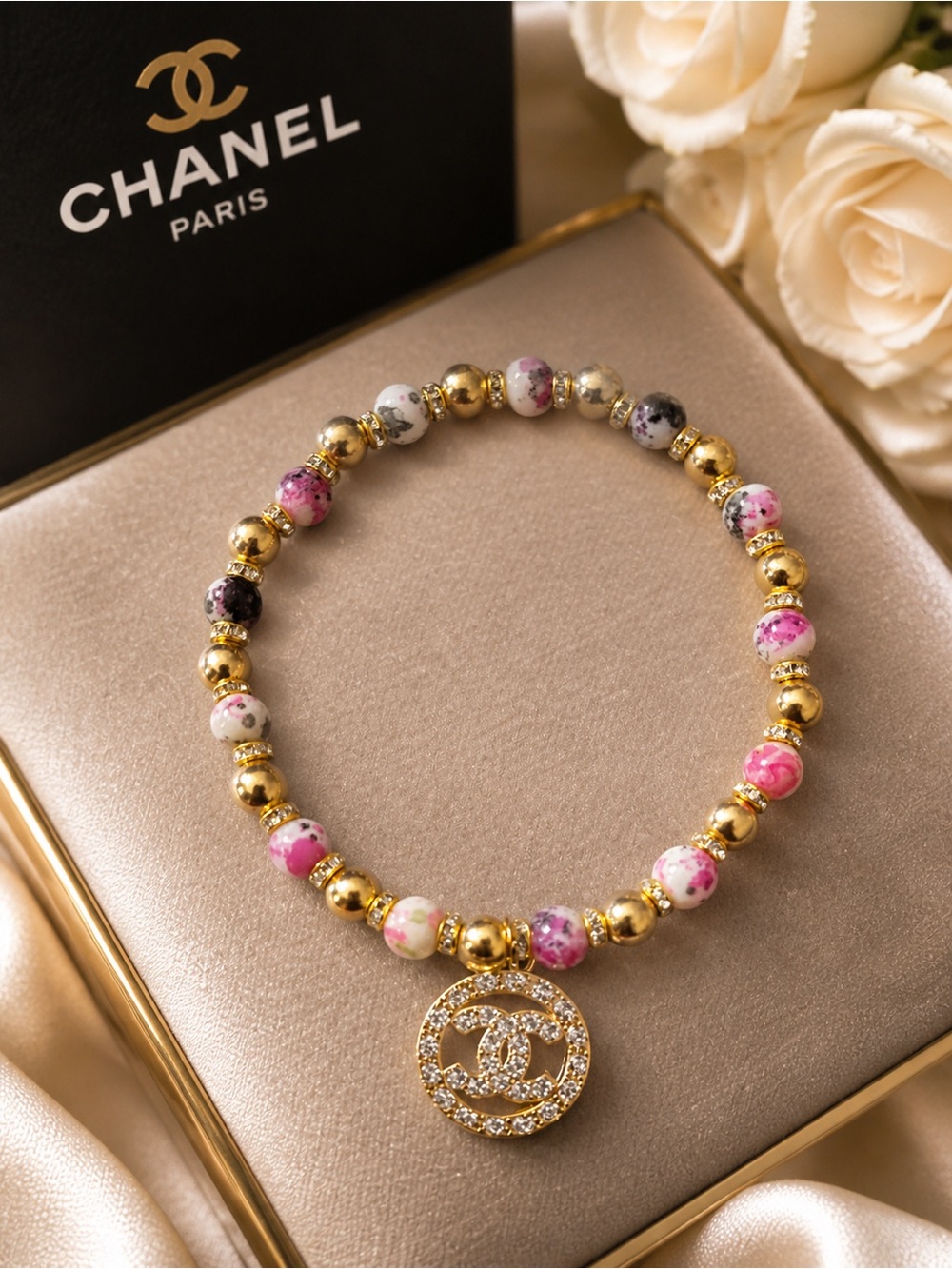 Handmade CC Pink & Gold Beaded Logo Charm Bracelet